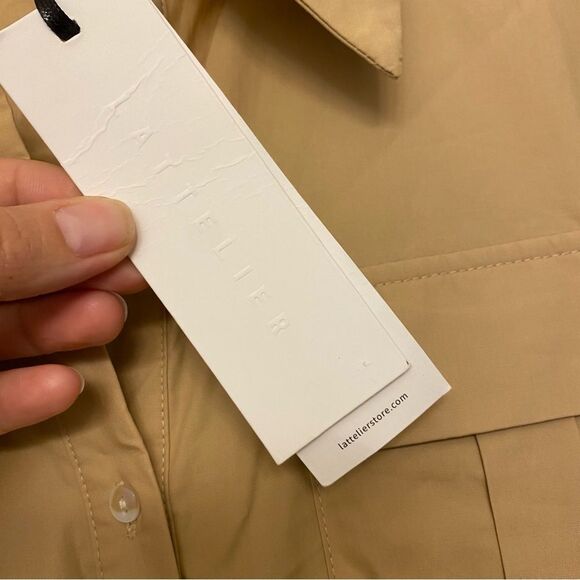 Lattelier Tailored shirt dress oversize tan button utility
lagenlook cotton L - Picture 10 of 13